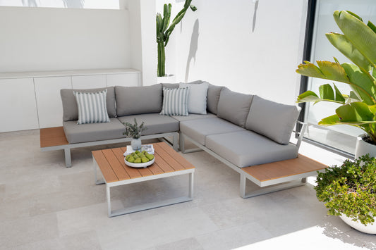 Outdoor Modular Lounge Set with Coffee Table – Aluminium Frame – Warm White – Theodore